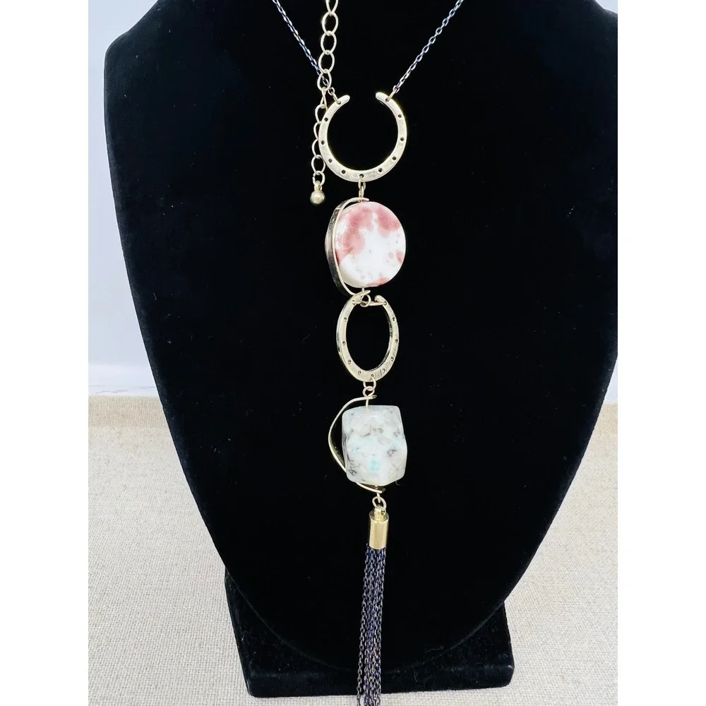 Oliver Bonas Mixed Stone and Tassel Long Pendant Necklace Gold Blue Pink